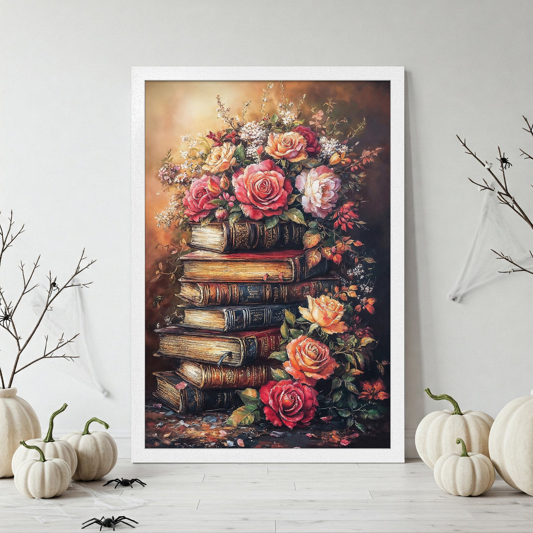 Framed Poster featuring a floral still life with roses and books, in warm tones. Perfect wall art for your home!