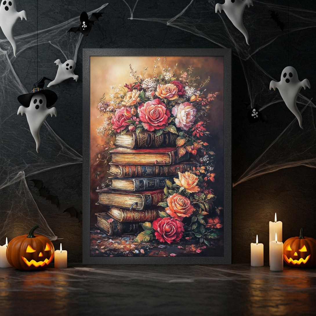 Framed Poster featuring a floral still life on a stack of books, with a warm color palette. Perfect Halloween decor!