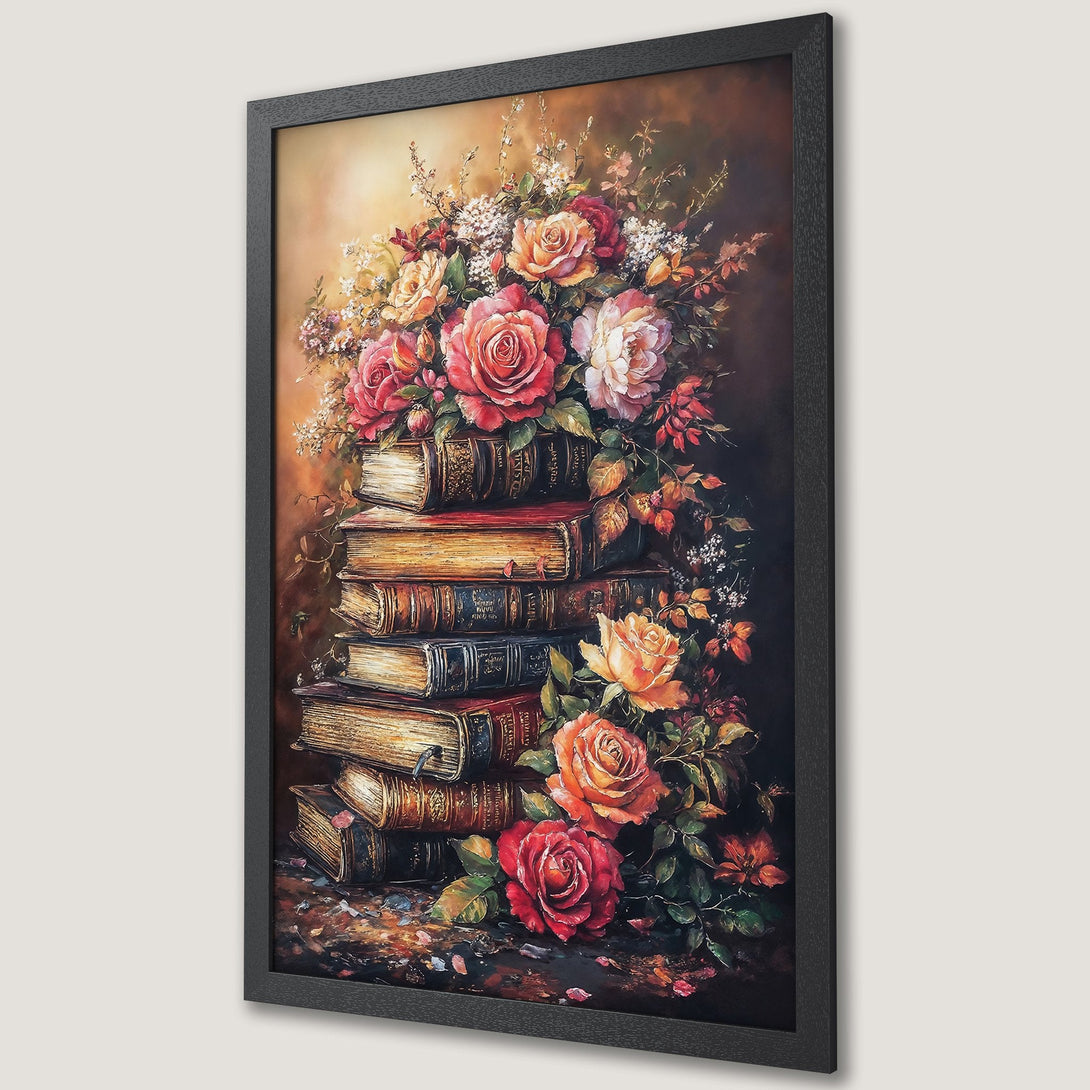 Framed Poster featuring a stunning still life of books and roses, in a vintage style with a warm, rich color palette.