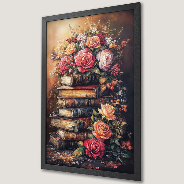 Framed Poster featuring a stunning still life of books and roses, in a vintage style with a warm, rich color palette.