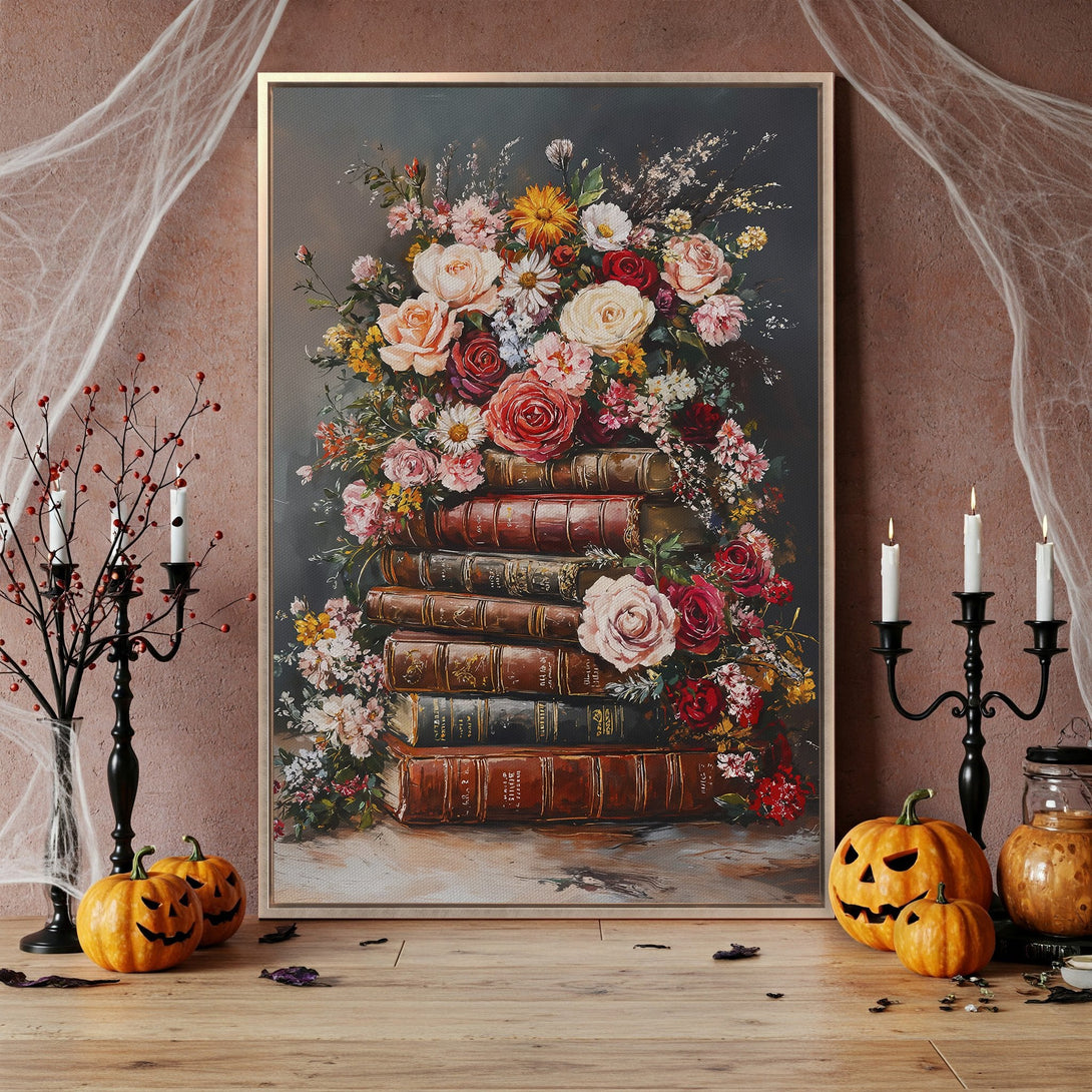 Framed Wall Art: Vintage floral painting with roses and books. Warm color palette, perfect for fall decor. Add a touch of elegance to your space!