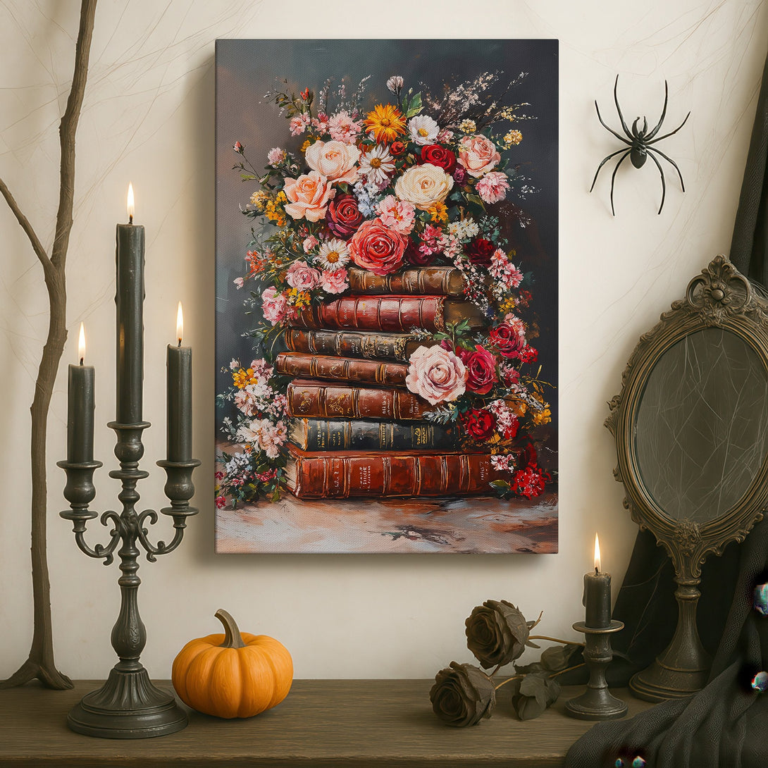 Framed Wall Art: Floral still life painting with roses and books, in a classic style, warm color palette. Elevate your space with elegant art!