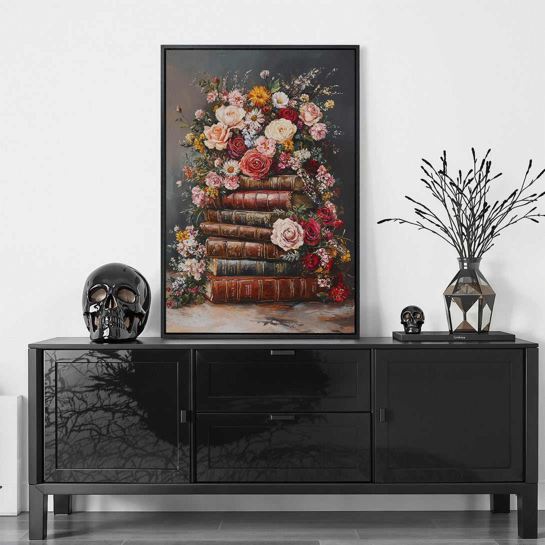 Framed Wall Art: Floral still life Canvas Print in a dark, moody style with a rich, warm color palette. Perfect for adding elegance to any space.