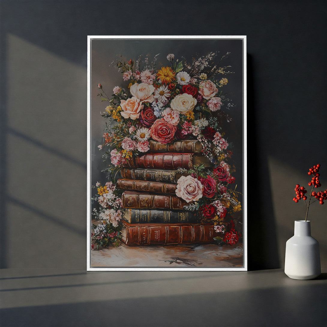 Framed Wall Art Canvas Print featuring a vintage floral still life with roses, books, and a warm, rich color palette. Perfect for adding elegance!