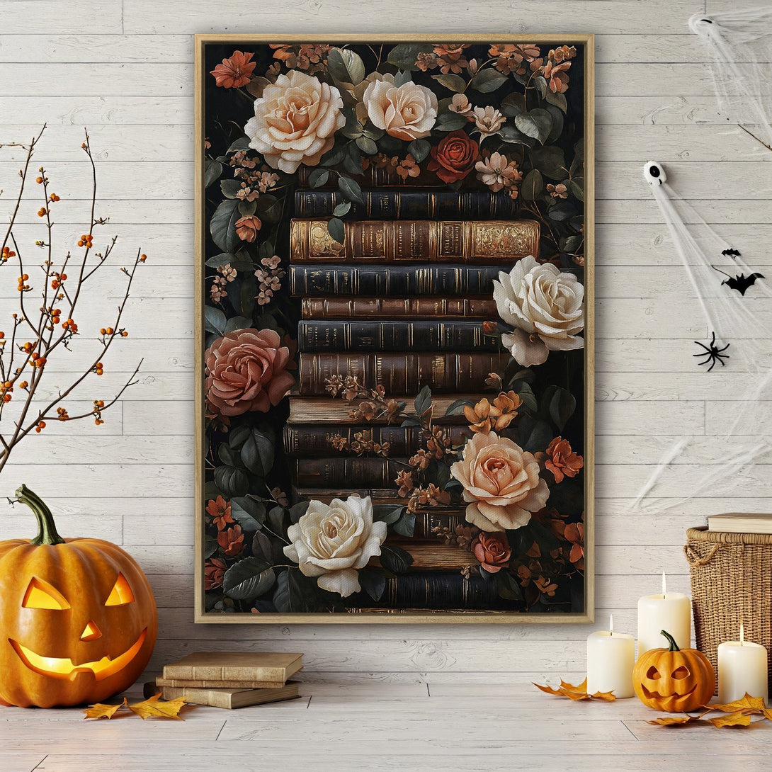 Framed Wall Art featuring a floral and book still life in a vintage style. Earthy tones with pops of red and cream create a cozy interior aesthetic.