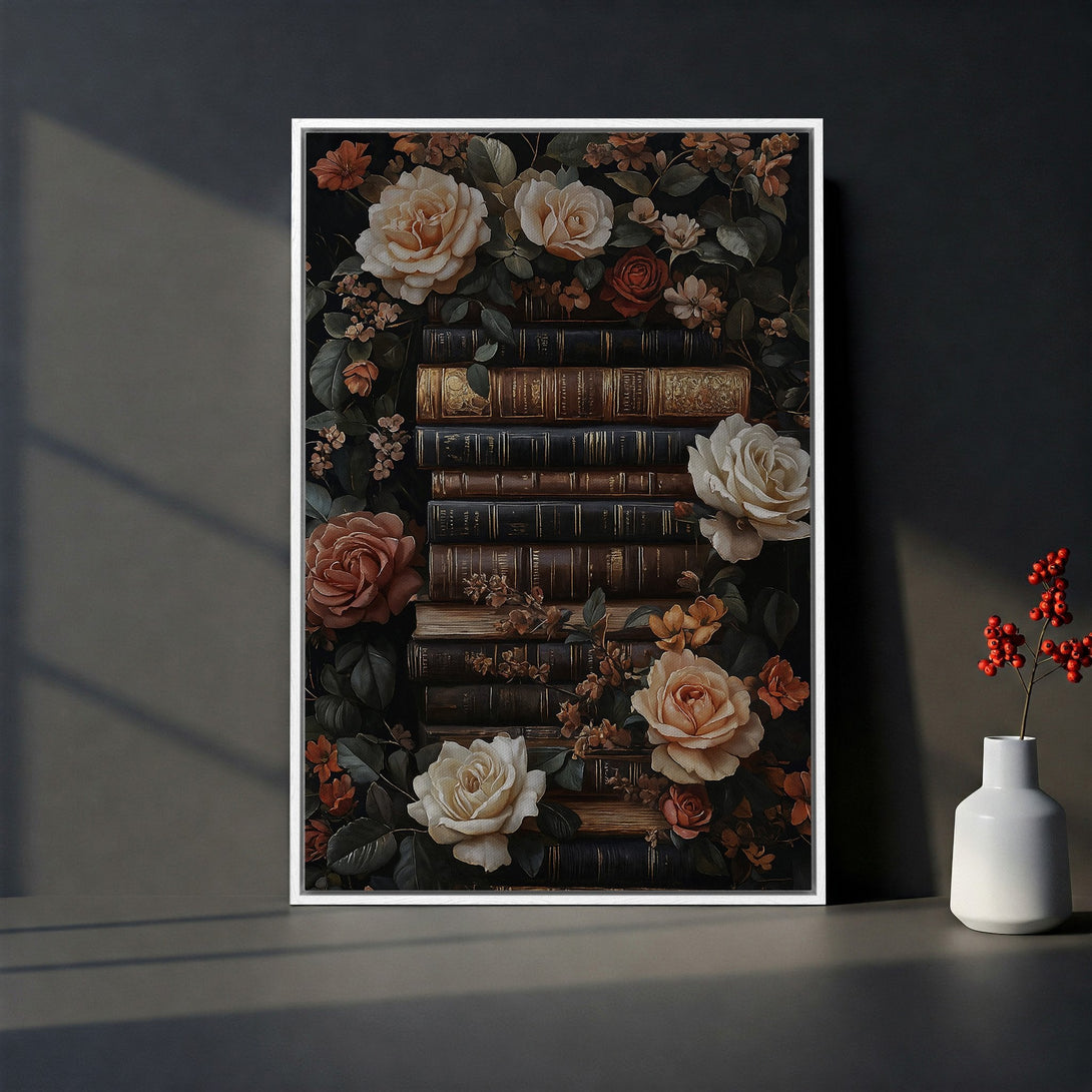 Framed Wall Art featuring vintage books and roses in a romantic, dark academia style with a warm, muted color palette. Perfect for home decor.
