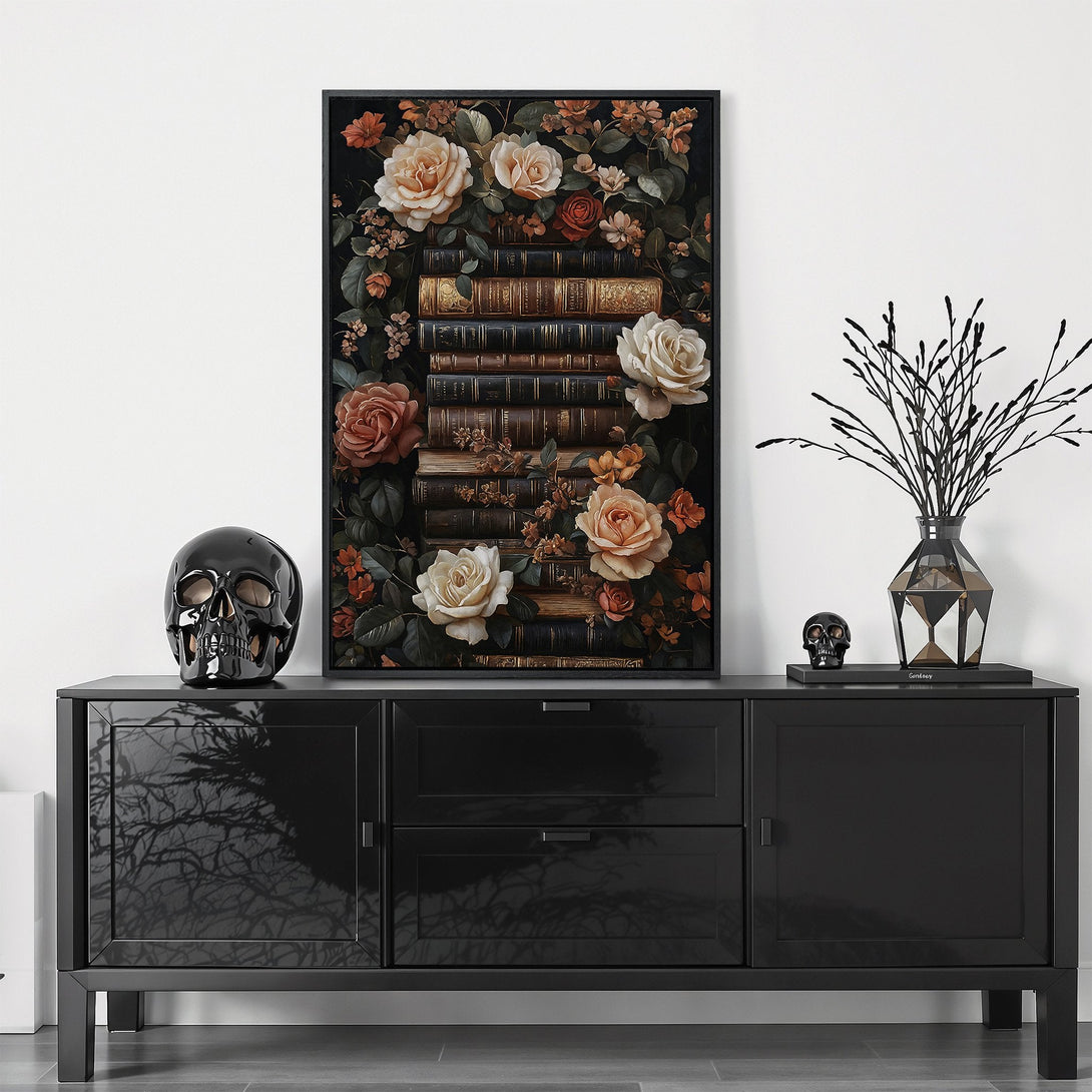 Framed Wall Art: Floral print featuring roses & books in a dark, moody style. Earthy tones of cream, rust, & brown create a sophisticated aesthetic.