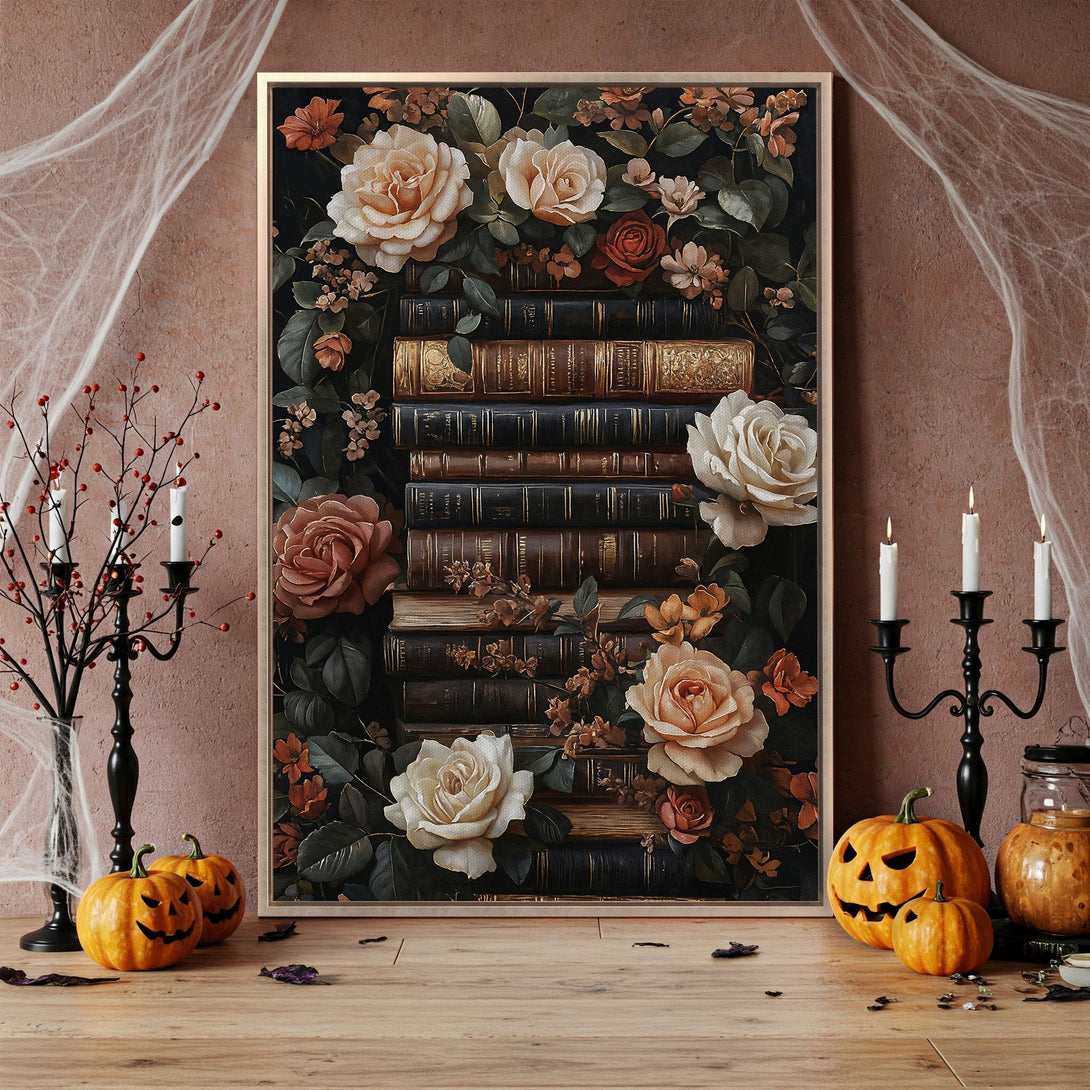 Framed Wall Art featuring a floral and book composition in a vintage style, with a warm, autumnal color palette. Perfect for Halloween decor.