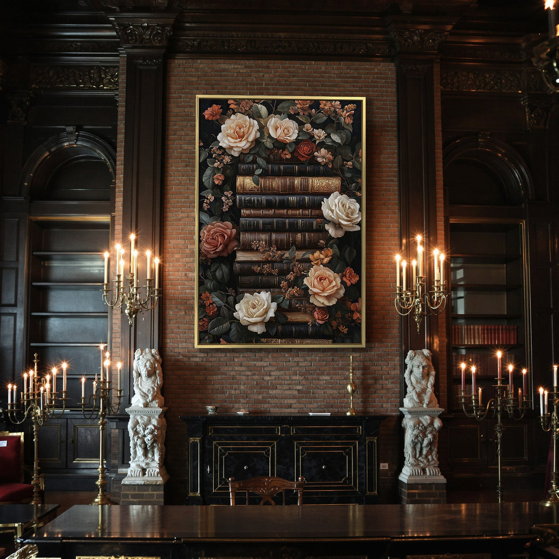 Canvas Print featuring vintage books and roses in a moody, dark floral style, with a warm, autumnal color palette. Perfect for Halloween decor!