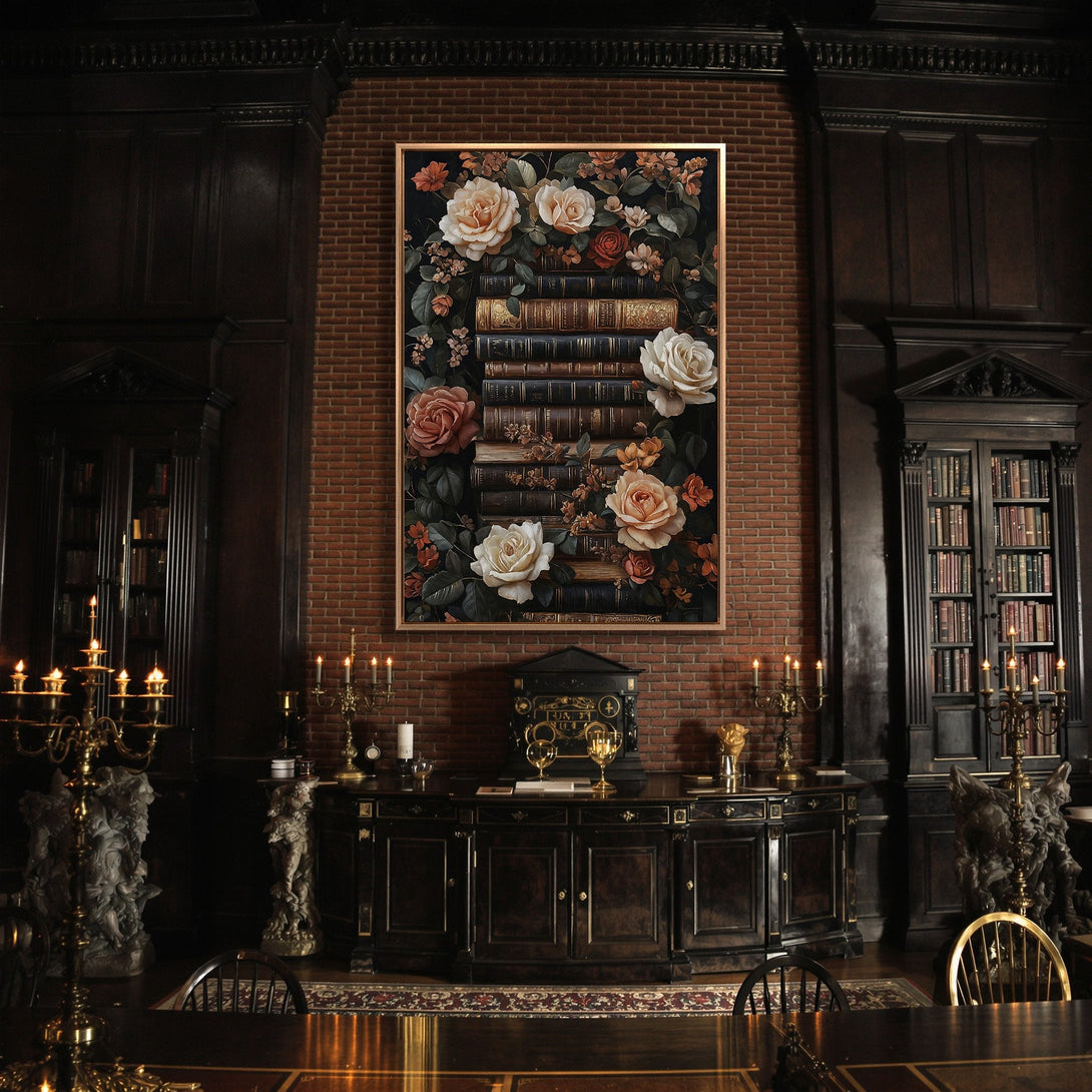 Framed Wall Art featuring a floral and book design in a dark, romantic style. Warm color palette with roses and vintage books, perfect for a library or living room.
