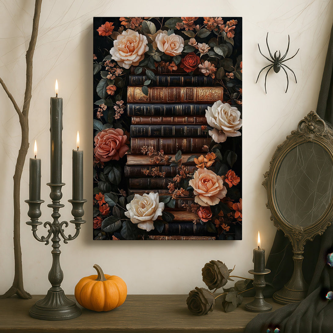 Framed Wall Art of roses and books in a library. Romantic floral design with a warm, dark color palette. Perfect for adding elegance to any room.