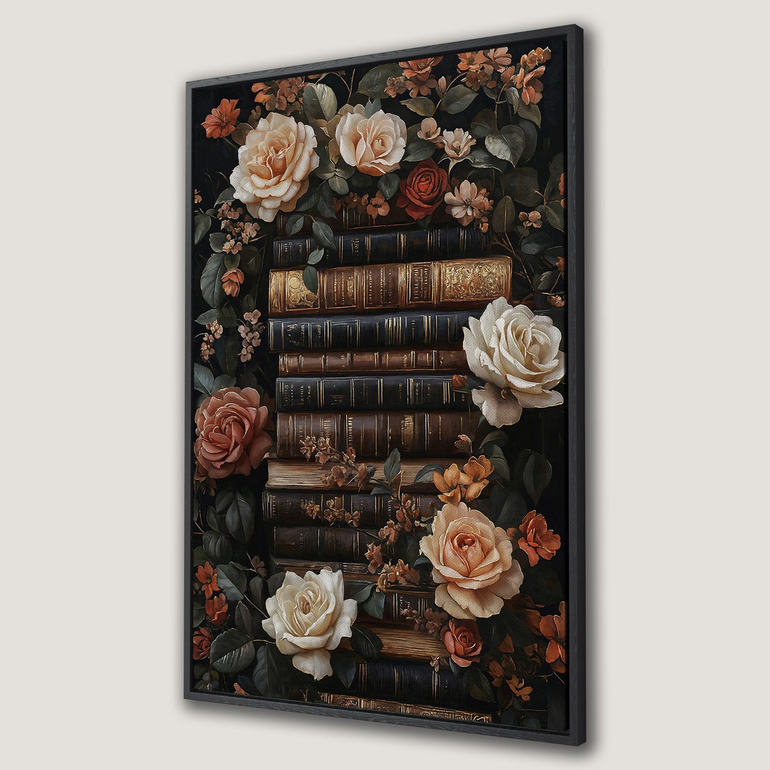 Framed Wall Art featuring a vintage floral and book arrangement. Romantic, dark academia style with a warm, earthy color palette. Perfect for home decor.