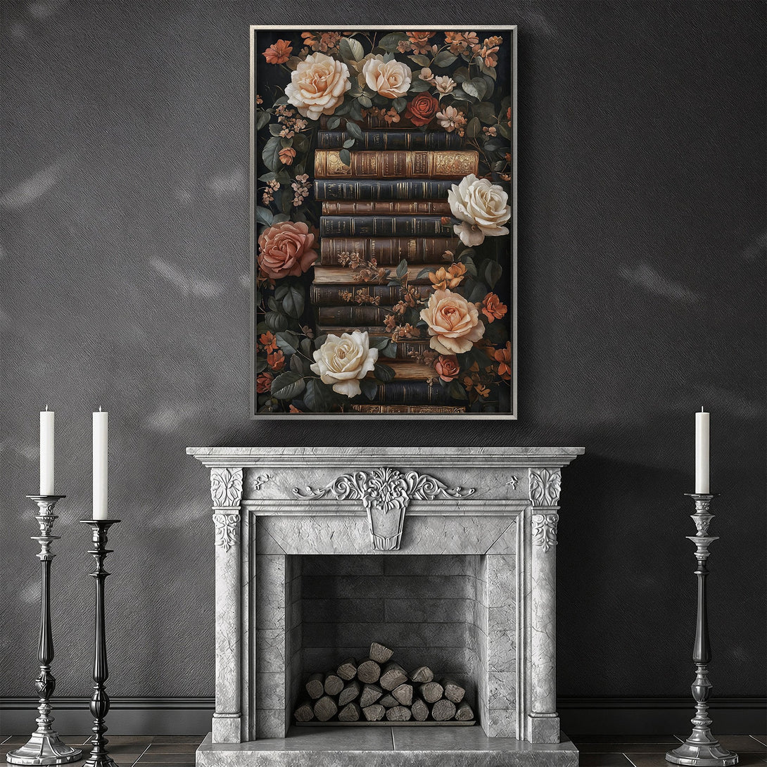 Framed Wall Art: Vintage floral print with roses and books. Elegant, romantic style with a warm, earthy color palette. Perfect for adding a touch of sophistication.