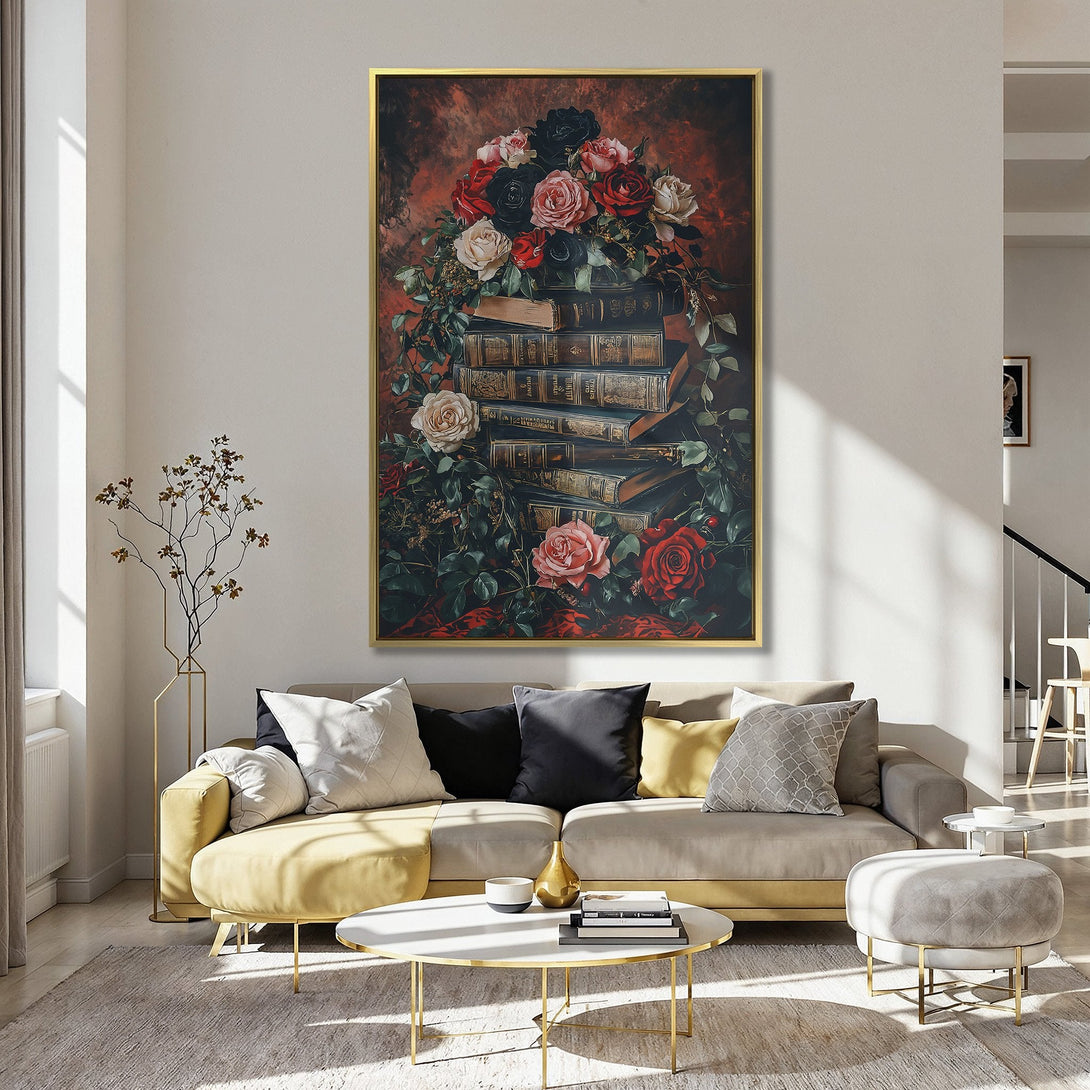 Canvas Print of a woman with fiery hair, dark and gold tones. Dramatic wall art for a gothic interior.