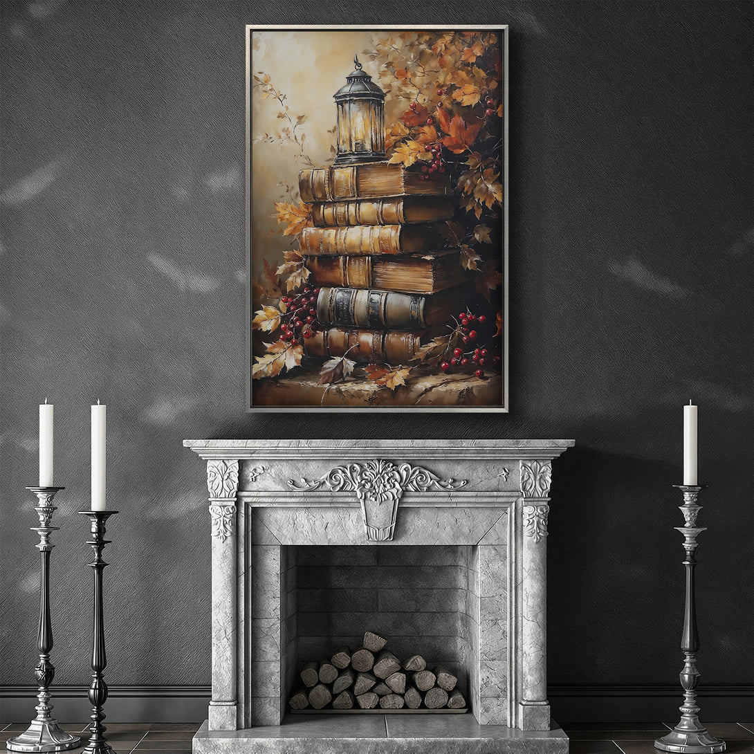 Framed Wall Art: Vintage books & autumn leaves in warm tones. Perfect for adding a cozy, classic touch to your home. Shop now!