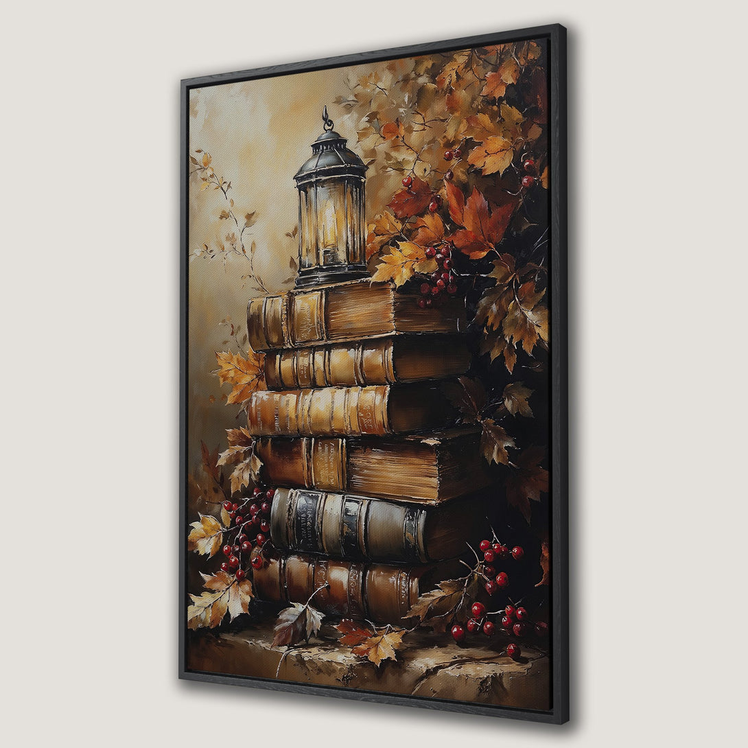 Framed Wall Art Canvas Print featuring a vintage still life of books, lantern, and autumn leaves in warm, earthy tones. Perfect for cozy decor.