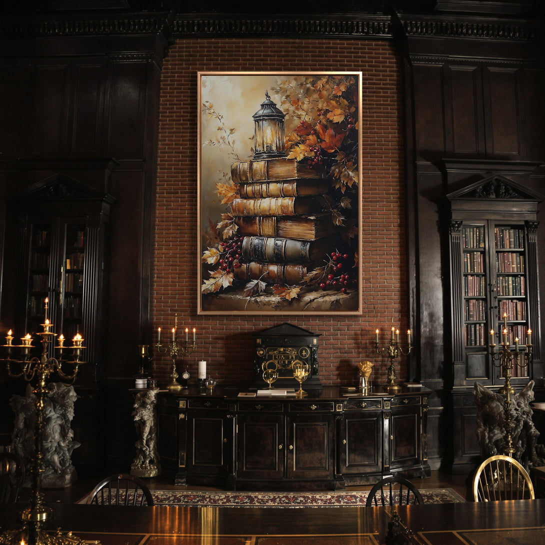 Framed Wall Art: Autumn still life Canvas Print with books, lantern, and leaves. Warm, earthy tones create a cozy, vintage aesthetic for your home decor.
