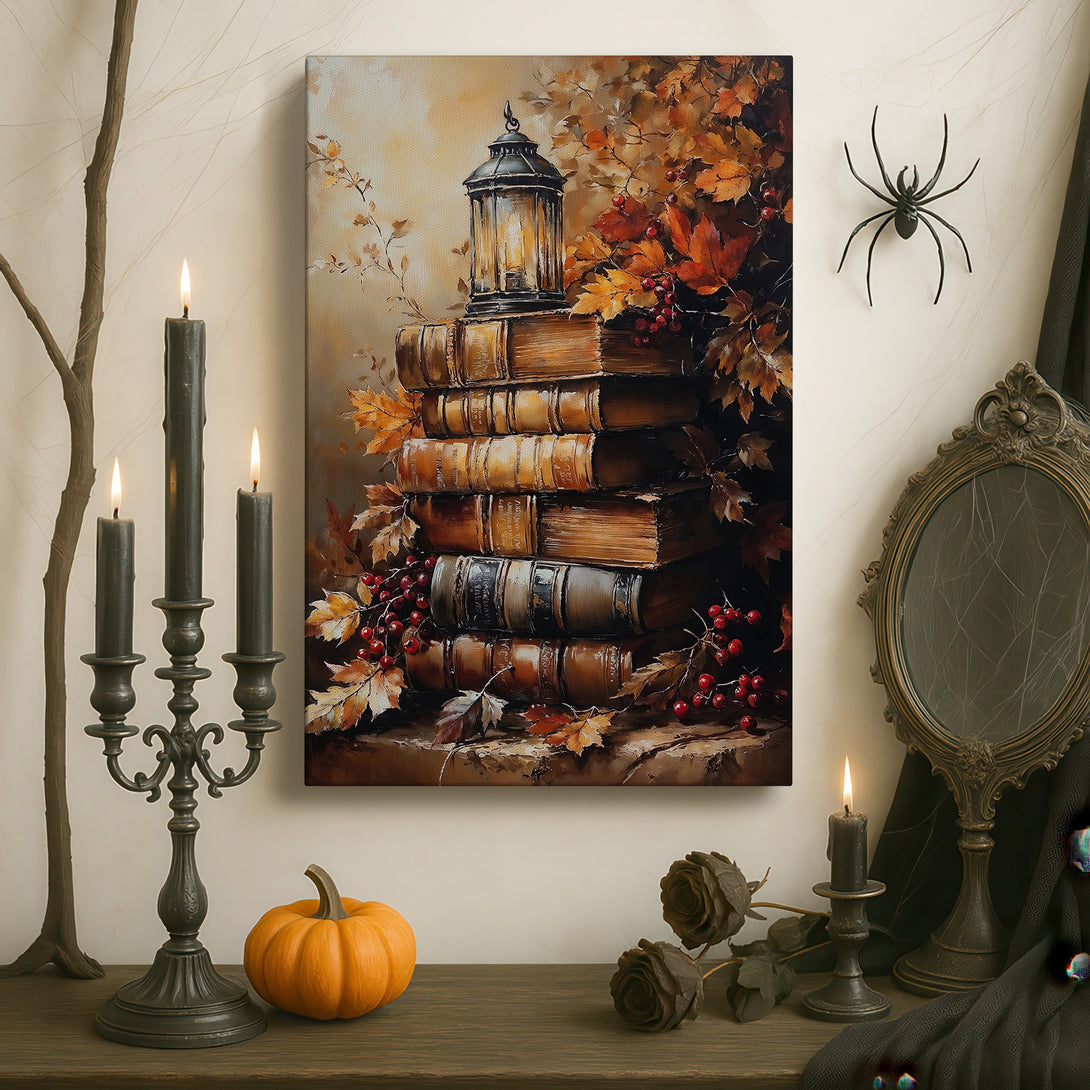 Framed Wall Art featuring a stack of books and a lantern, warm autumnal colors. Classic style canvas print for a sophisticated interior.