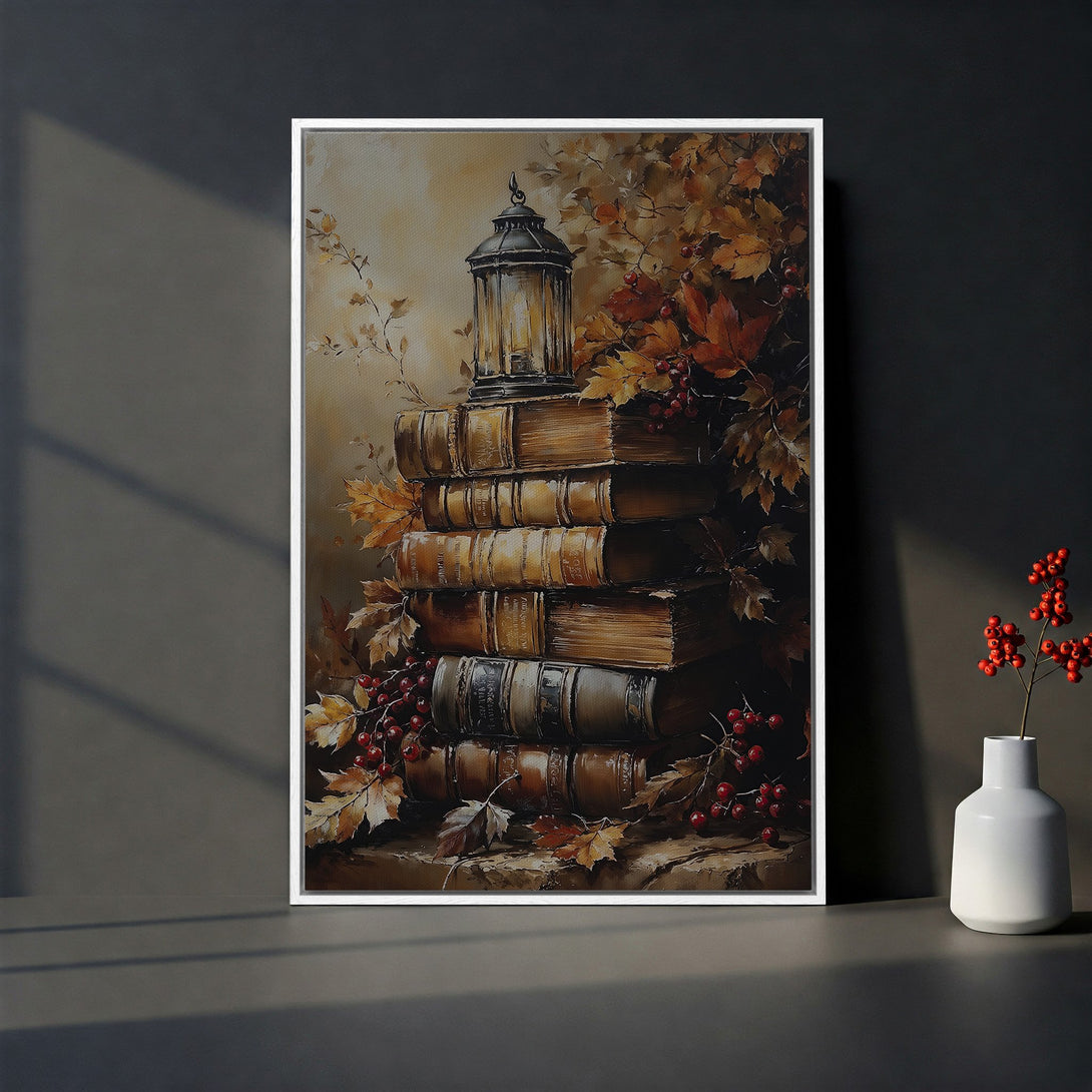 Framed Wall Art Canvas Print featuring a stack of vintage books, lantern, and fall foliage. Warm, earthy tones create a cozy, autumnal aesthetic.