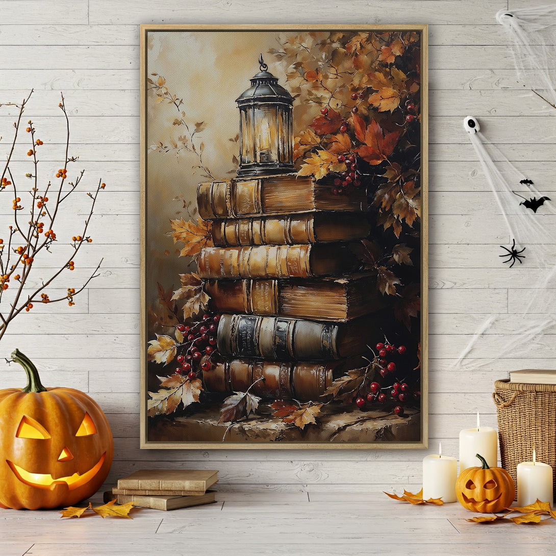 Framed Wall Art Canvas Print featuring a stack of books, lantern, and autumn leaves. Warm, earthy tones create a cozy, vintage-inspired aesthetic. Perfect fall decor.