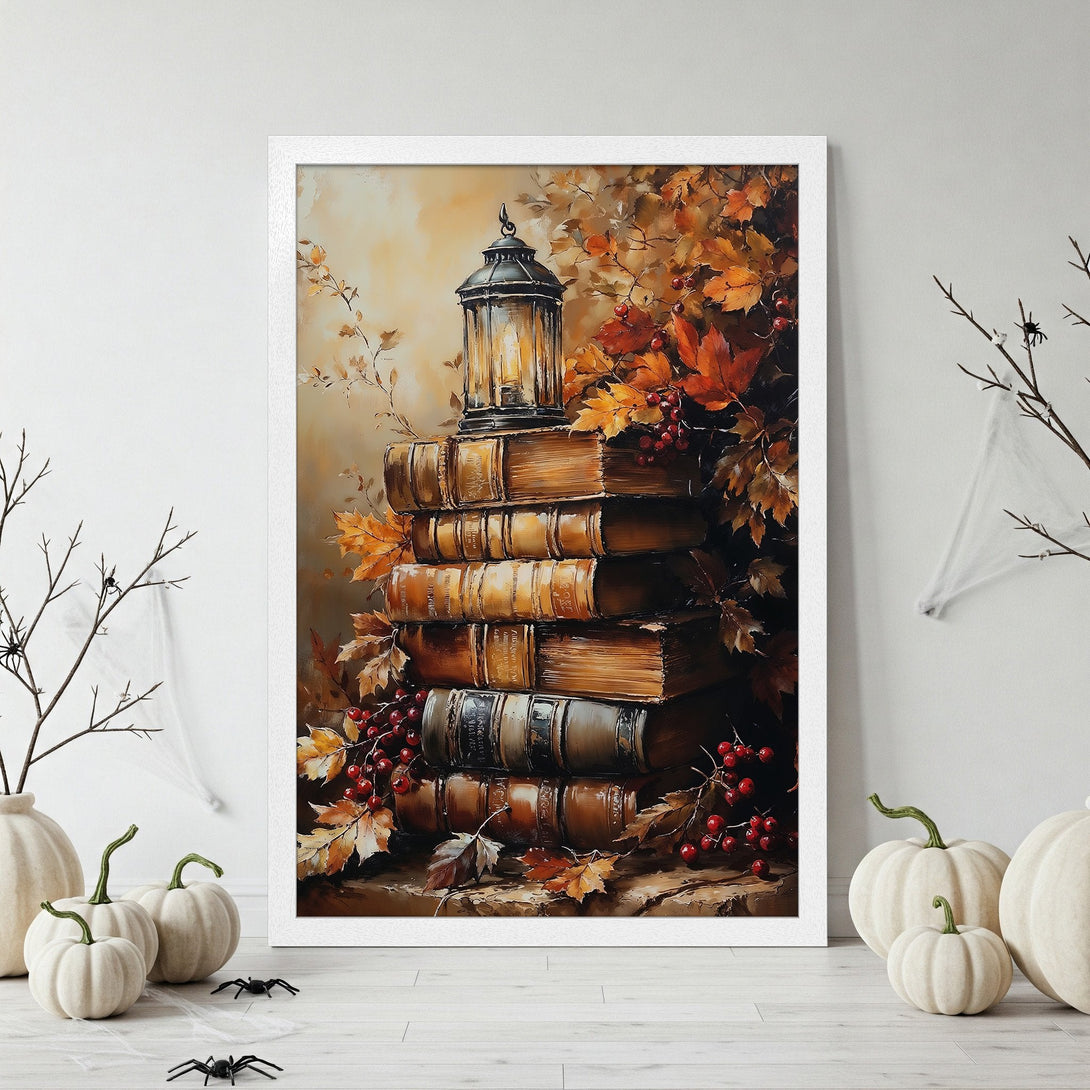 Framed Poster featuring a stack of books, lantern, and autumn leaves in warm, earthy tones. Perfect fall decor!