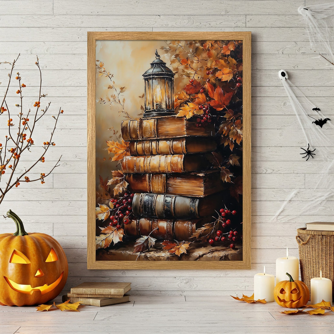 Framed Poster featuring a stack of books, lantern, and autumn leaves. Warm color palette, perfect for fall decor. Add this art poster to your home!