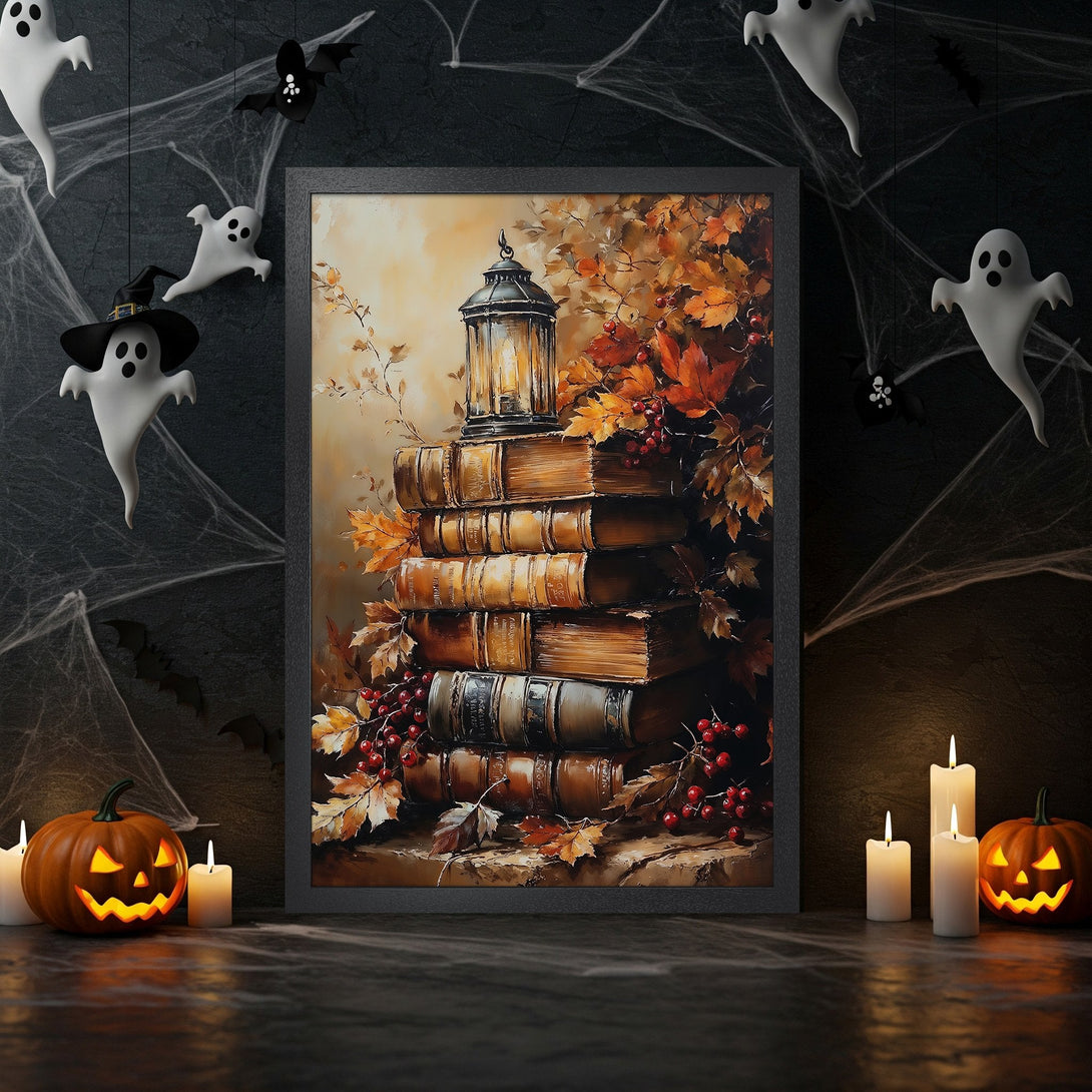Framed Poster featuring a stack of books, autumn leaves, and a lantern. Warm, autumnal color palette perfect for Halloween decor.