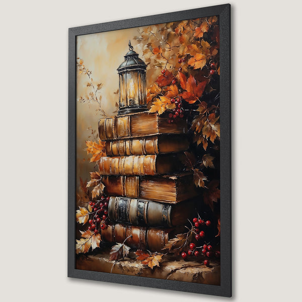 Framed Poster featuring a stack of books, lantern, and autumn leaves. Warm, inviting color palette with a vintage, artistic style.