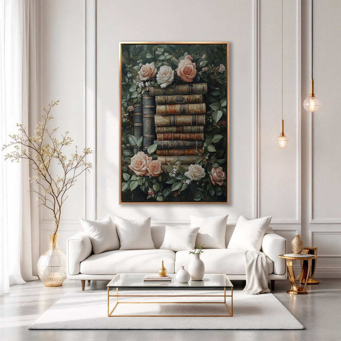Framed Wall Art featuring a vintage floral and book still life, in a classic style with a warm, neutral color palette. Perfect for living room decor!