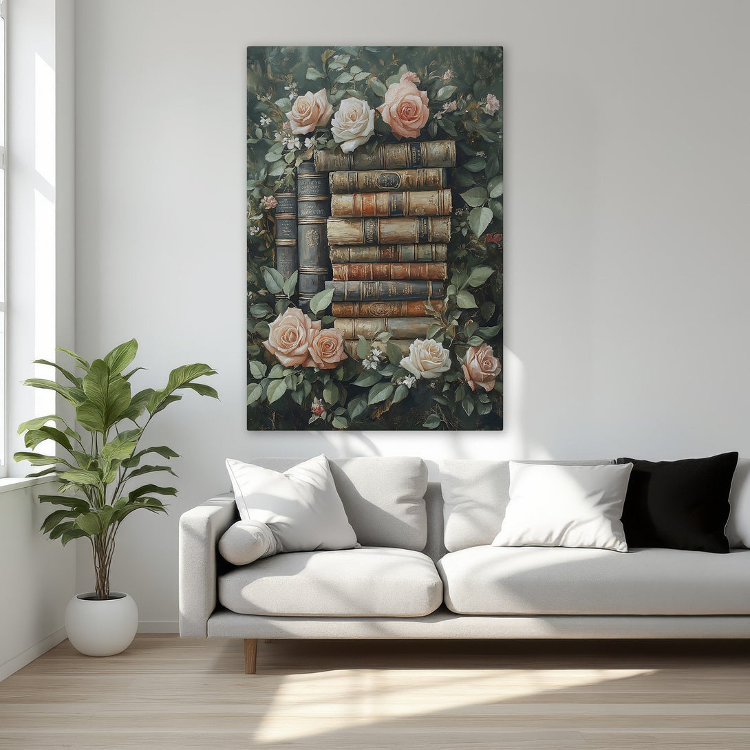 Framed Wall Art: Vintage botanical print with roses and books. Elegant, romantic style with a warm, neutral color palette. Perfect bedroom decor.
