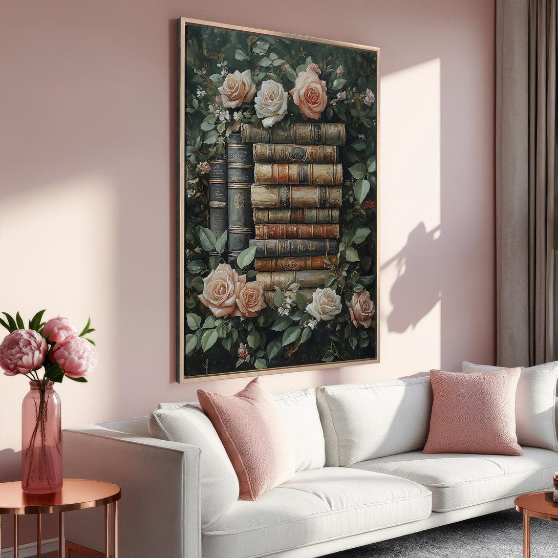 Framed Wall Art: Vintage floral print with roses and books. Earth tones and blush pink create a cozy, elegant aesthetic. Perfect for living room decor.