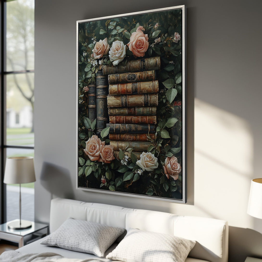 Framed Wall Art: Vintage floral print featuring roses and stacked books, with a dark green and peach color palette, perfect for adding elegance to any room.