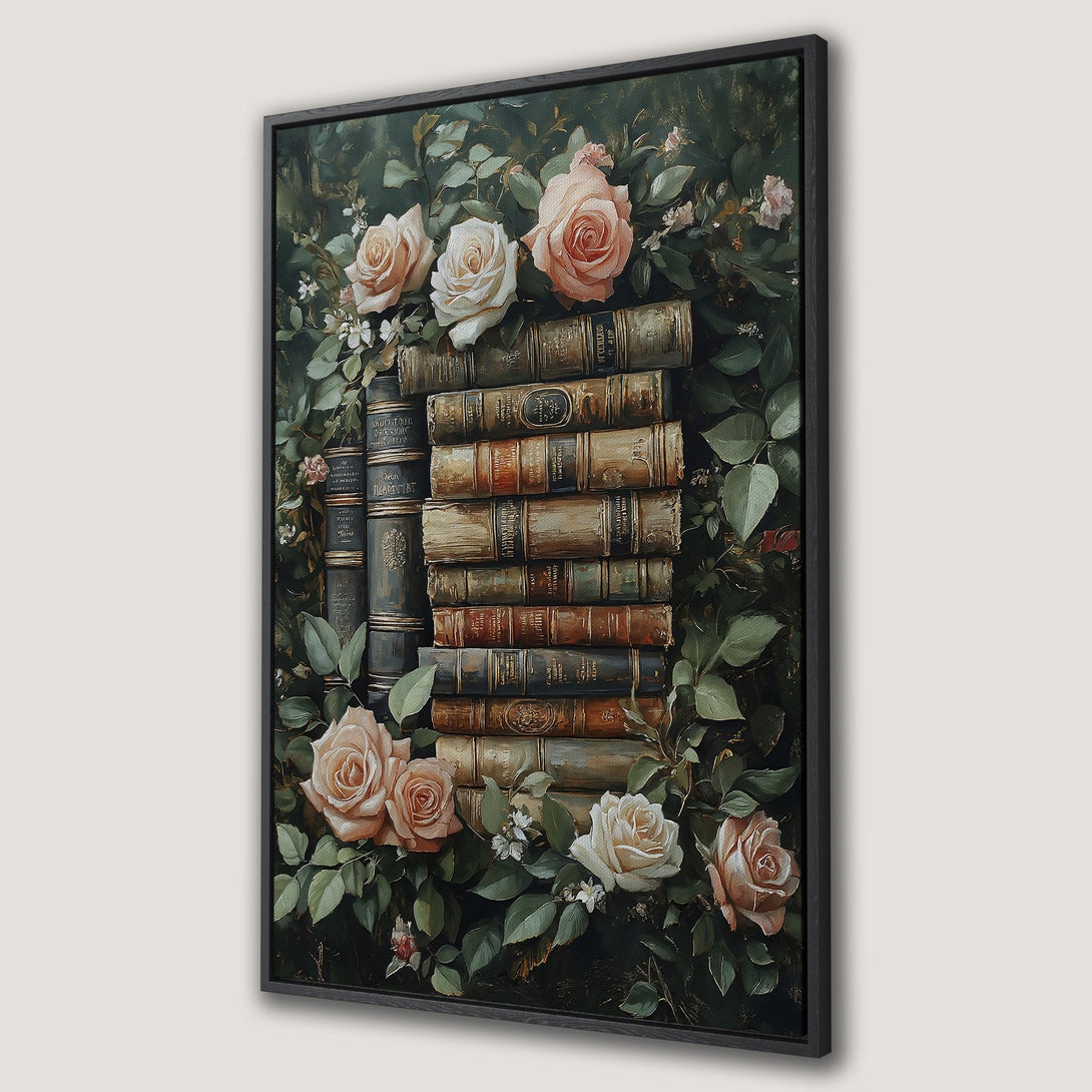 Framed Wall Art featuring a vintage-style painting of books and roses. Romantic, botanical art with a warm, earthy color palette, perfect for adding elegance to any space.