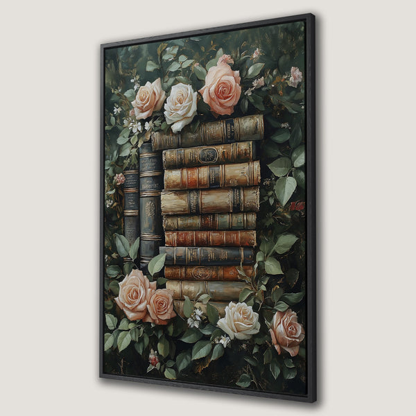 Framed Wall Art featuring a vintage-style painting of books and roses. Romantic, botanical art with a warm, earthy color palette, perfect for adding elegance to any space.