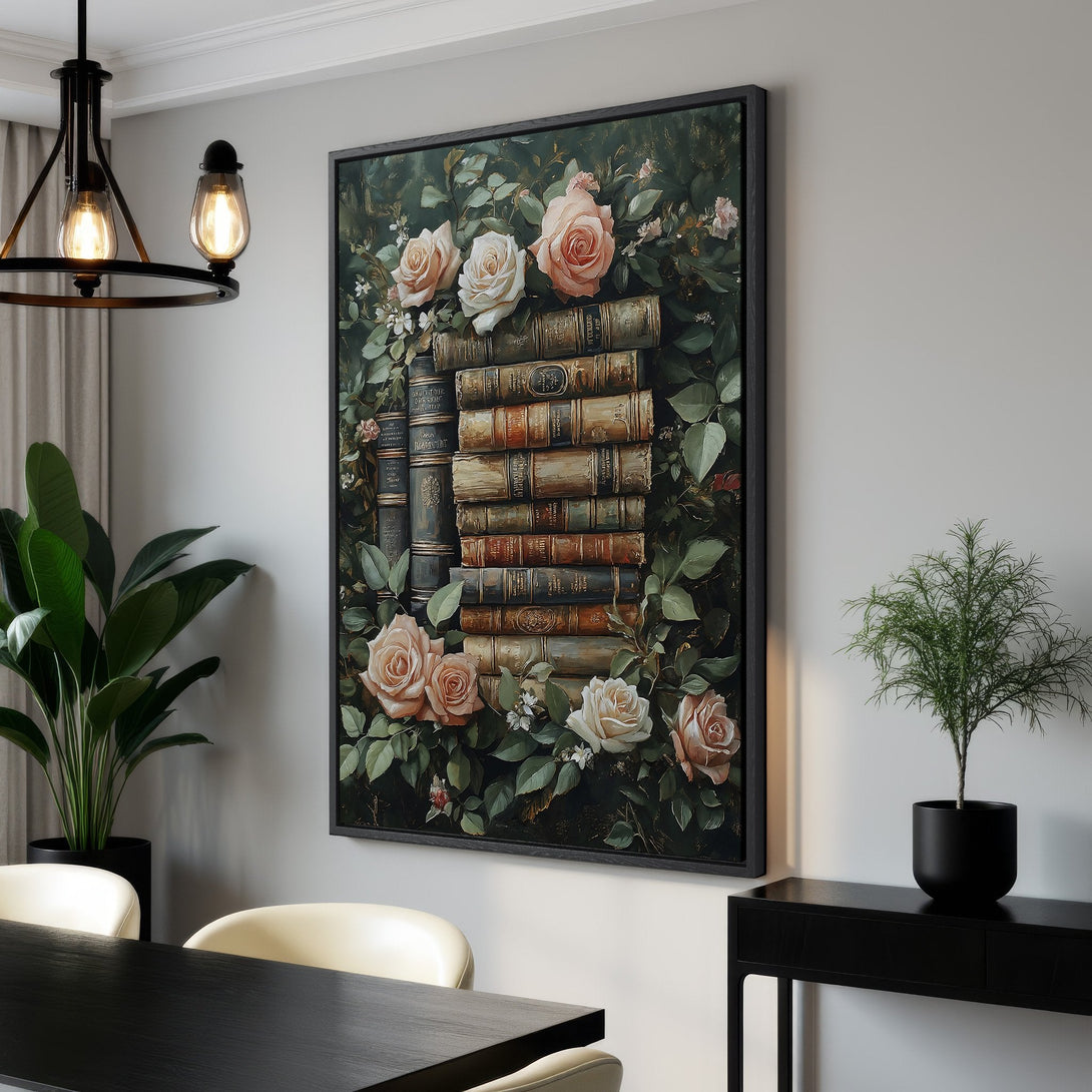 Framed Wall Art featuring vintage books and roses in a romantic style. Earthy tones and soft pinks create a warm, inviting atmosphere. Perfect for any room!