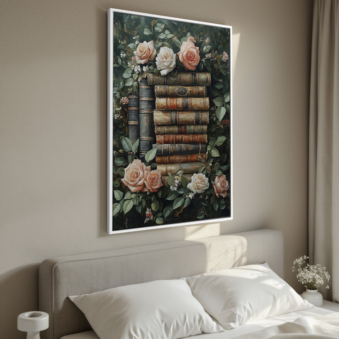 Framed Wall Art featuring a vintage still life with roses and books. Elegant, romantic style with a warm, neutral color palette. Perfect bedroom decor!