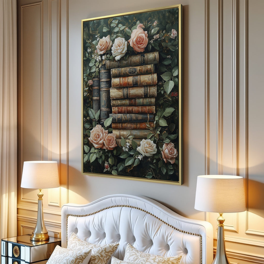 Canvas Print featuring vintage books and roses, in a romantic, botanical style with a warm, neutral color palette. Perfect wall art.