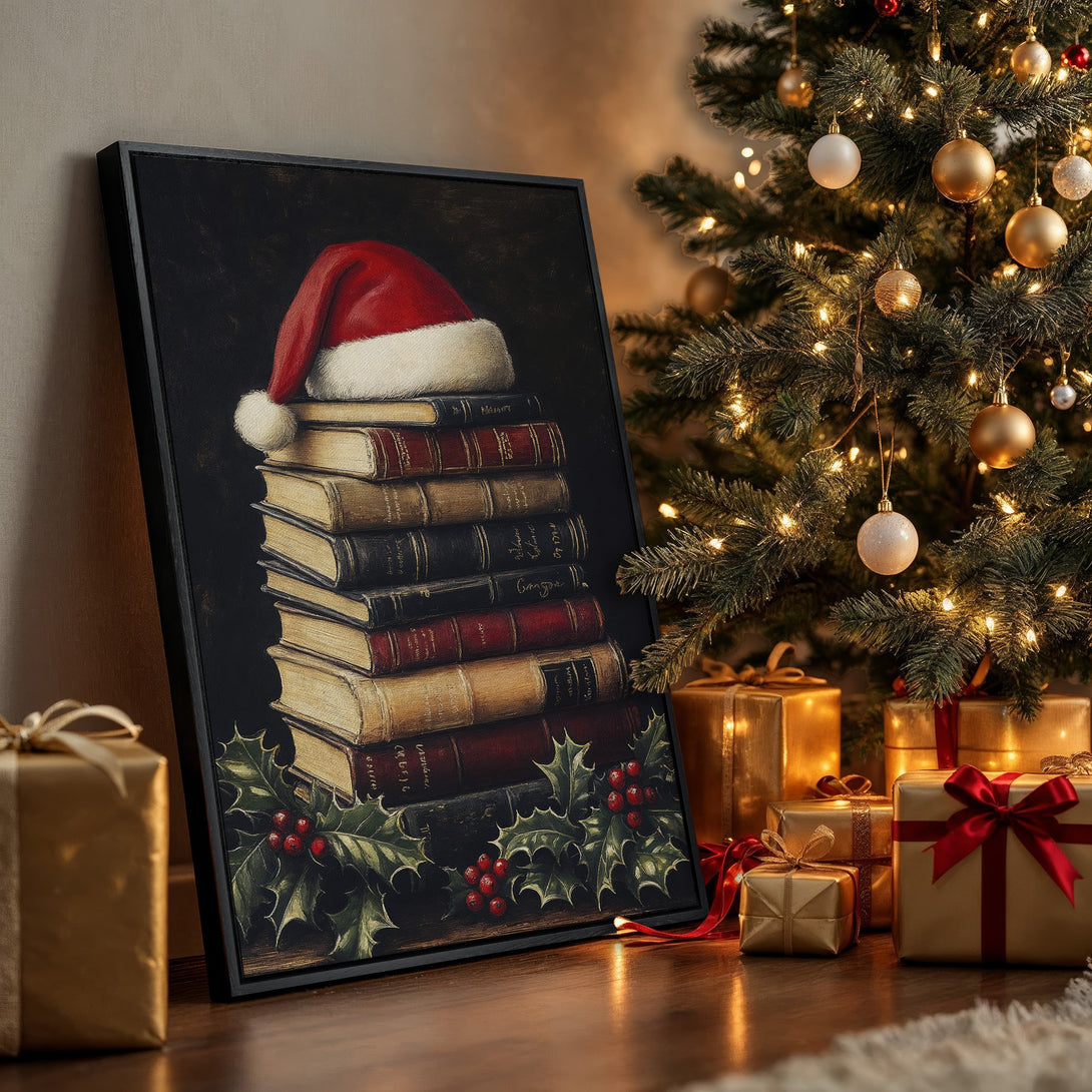 Framed Wall Art: Festive holiday decor featuring a stack of books with a Santa hat, classic style, warm red and gold color palette, perfect for Christmas.