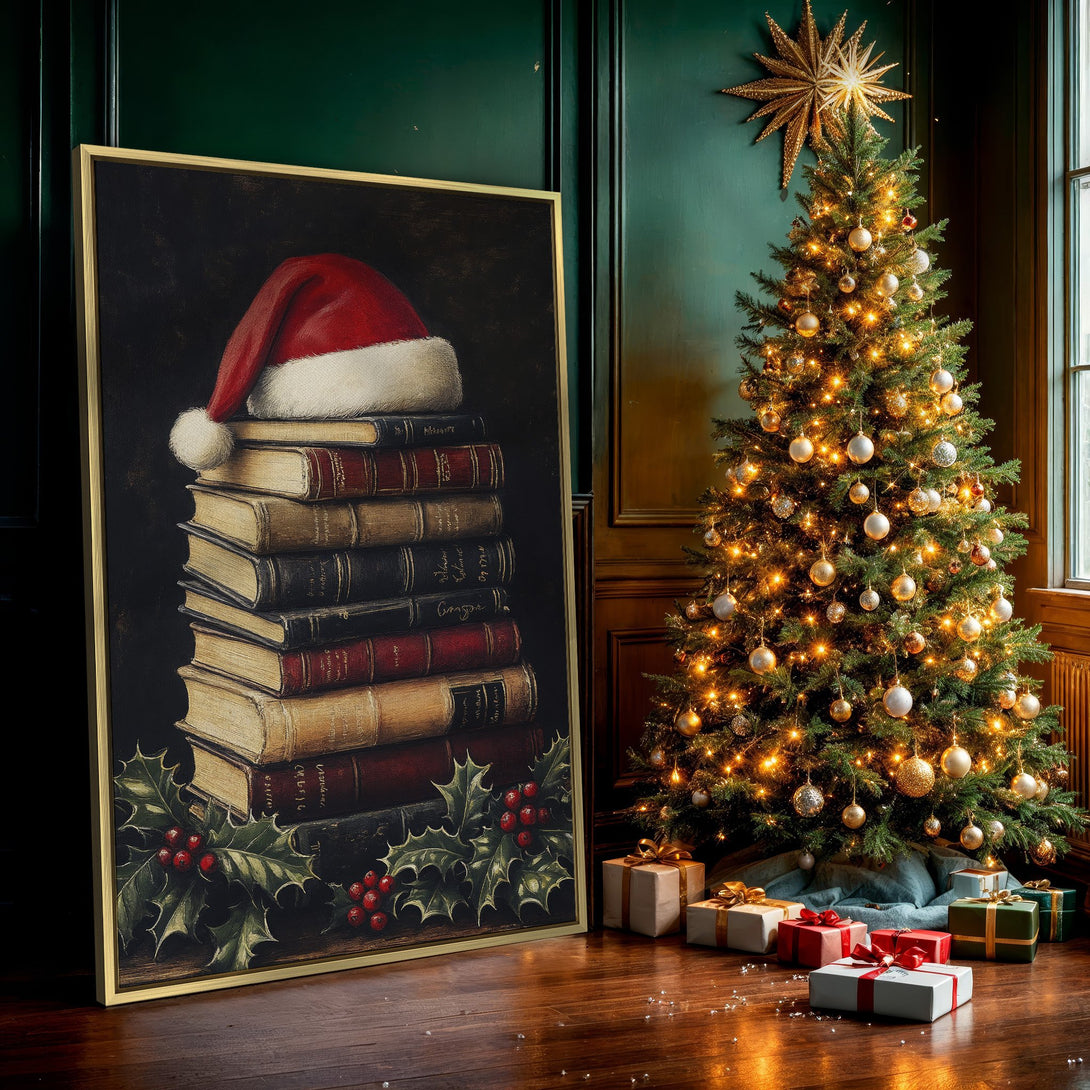 Canvas Print: Festive Christmas art featuring books, Santa hat, and holly. Warm, vintage color palette. Perfect holiday decor!