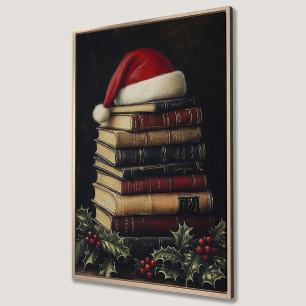 Framed Wall Art featuring a stack of vintage books with a Santa hat, holly, and a warm, classic color palette. Perfect holiday decor!