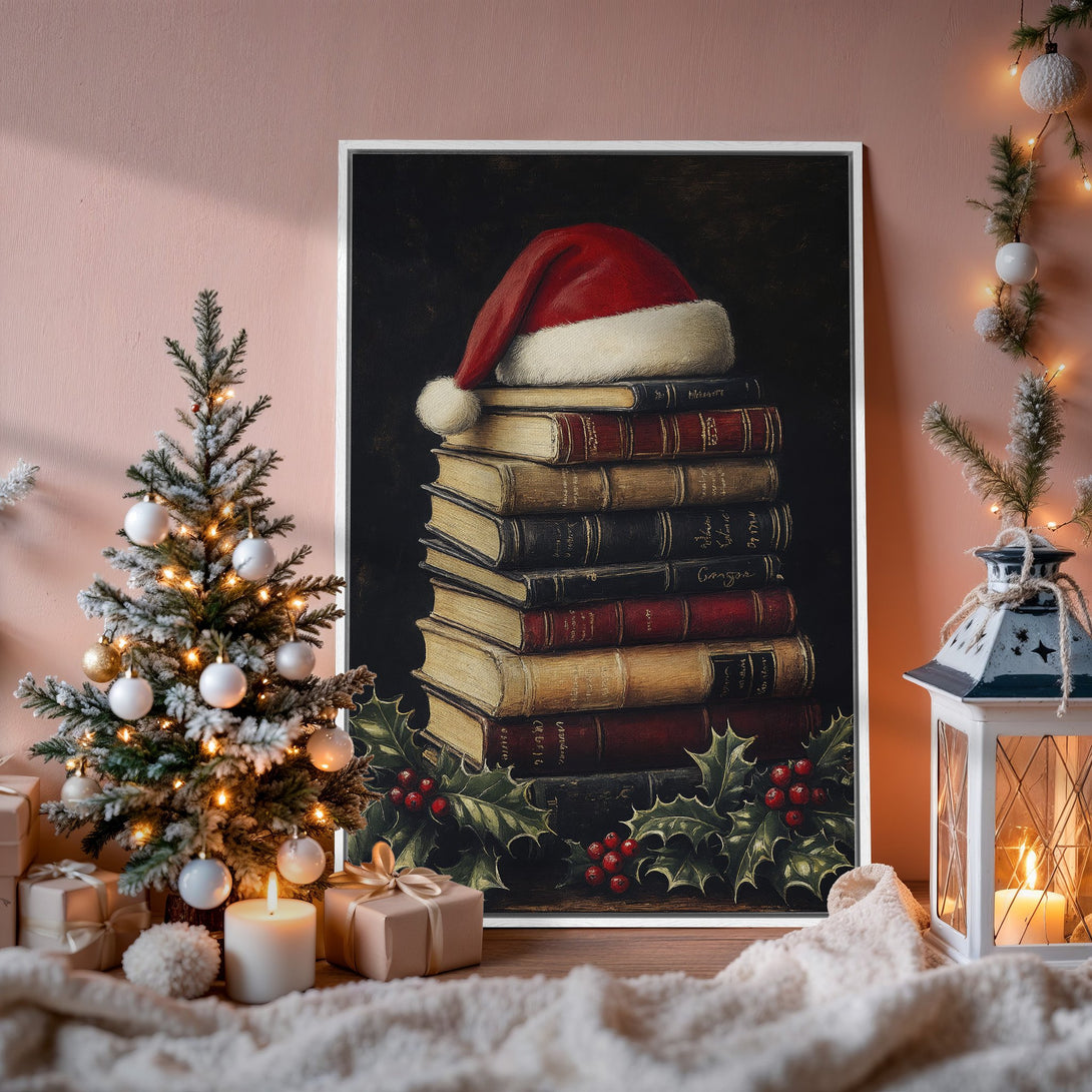 Framed Wall Art featuring a stack of books and Santa hat, in a warm, vintage style. Perfect for Christmas decor, with a cozy, neutral color palette.