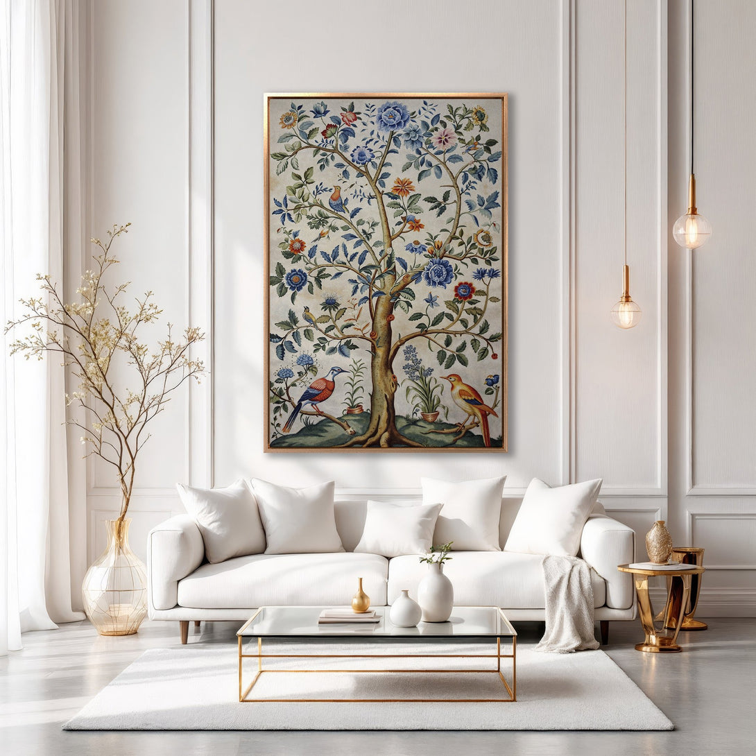 Framed Wall Art featuring a detailed tree with birds, in a vintage style. Beautiful blue, orange, and green hues on a neutral background. Perfect for living room decor.