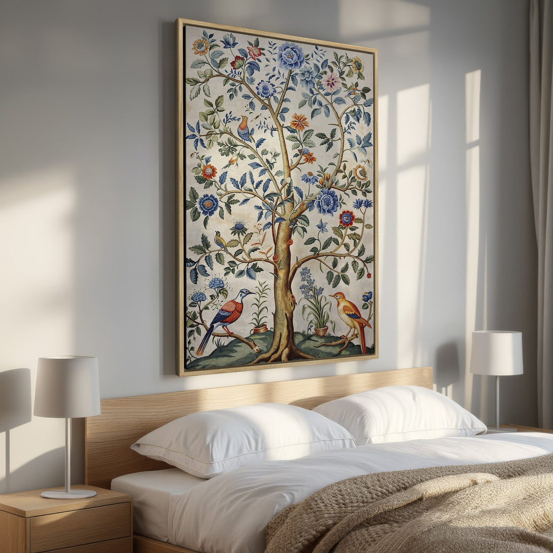 Framed Wall Art: Vintage tree and bird illustration in a bedroom. Featuring blue, orange, and green floral elements, a perfect touch of nature.