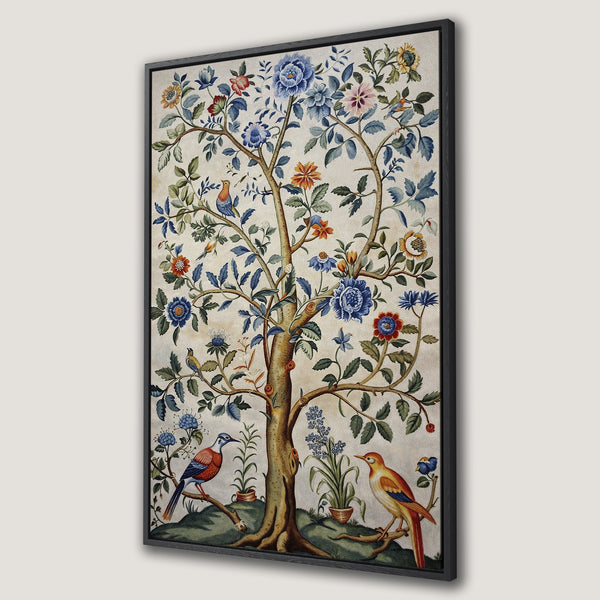 Framed Wall Art featuring a whimsical tree with birds & flowers in a vintage style. Soft, muted color palette with blues, greens, & oranges. Perfect for any room!