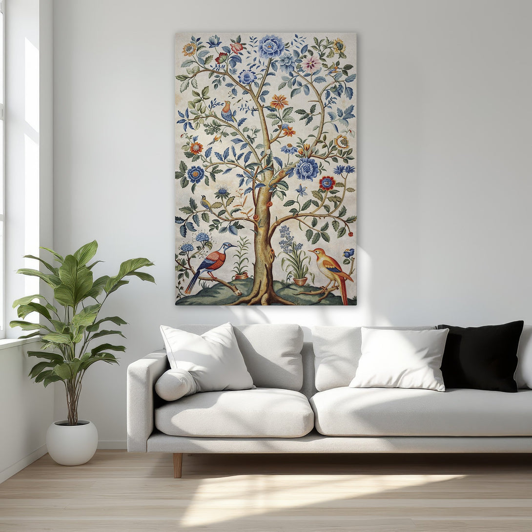 Framed Wall Art featuring a vibrant tree and bird design with a blue, orange, and beige color palette, perfect for adding elegance to any room.