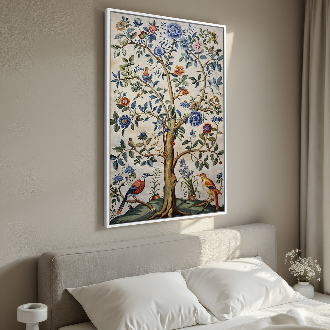 Framed Wall Art: Vintage tree and bird print in blue, orange, and green. Adds a touch of elegance to any space. Perfect for bedroom decor.