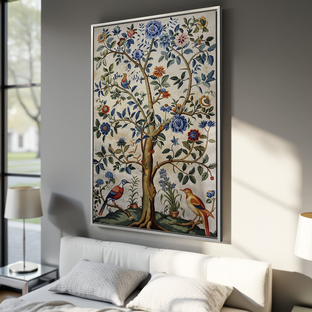 Framed Wall Art: Elegant botanical Canvas Print featuring a tree with birds, in a vintage style. Beautiful blue, green, and orange color palette for your home decor.