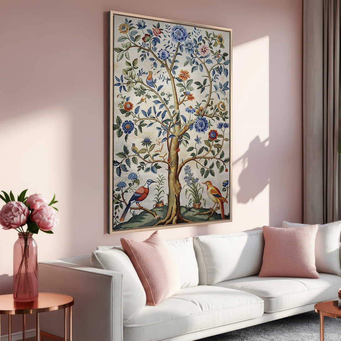 Framed Wall Art: Vintage tree and bird print. Elegant floral design with blue, orange, and green hues. Perfect for adding a touch of nature to your home decor.
