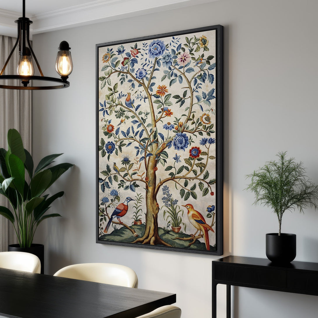 Framed Wall Art: Floral tree print with birds, vintage style. Features a blue, orange, and green color palette. Perfect for adding a touch of elegance to your home.