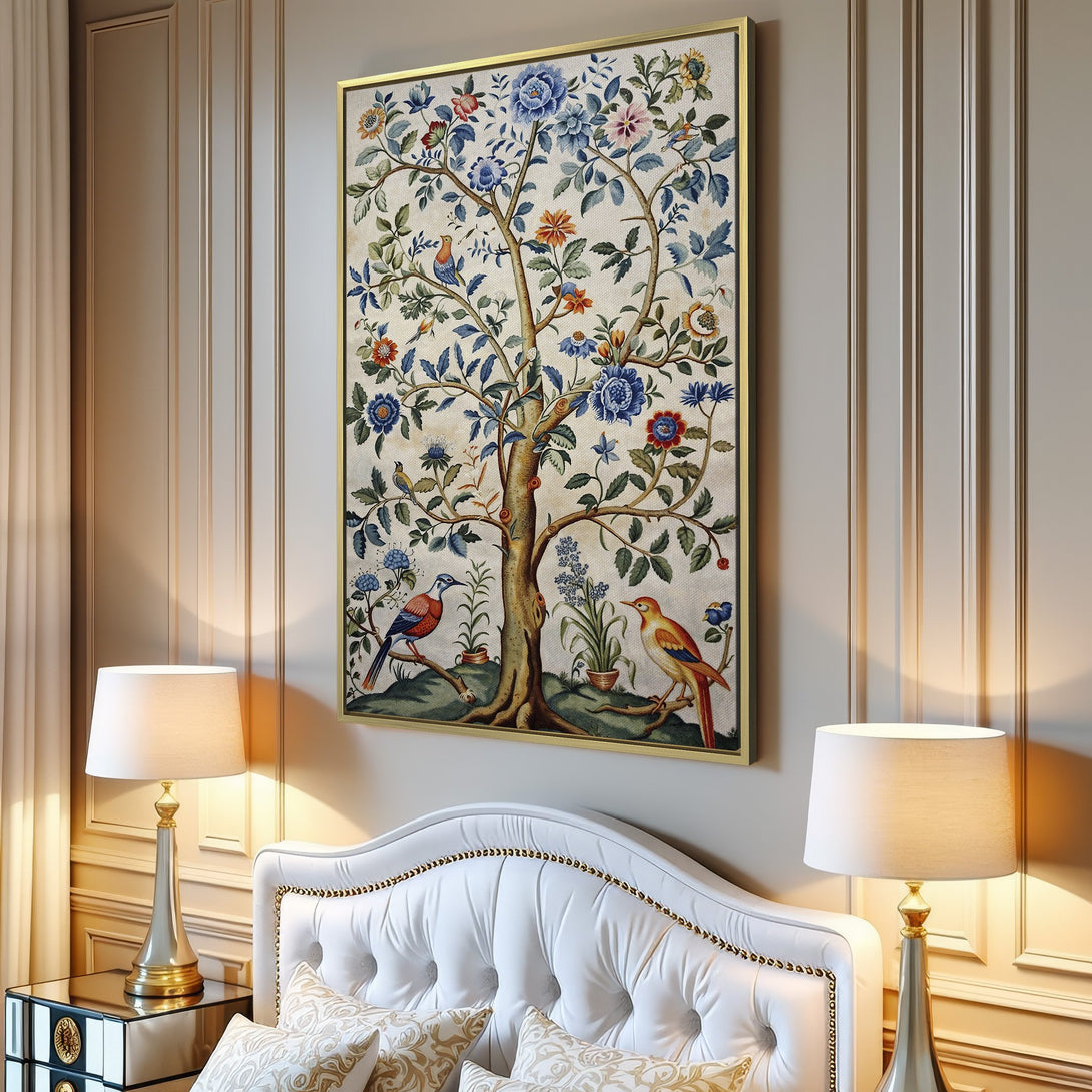 Canvas Print: Vintage tree of life art with birds, showcasing a classic style and a serene blue, orange, and green color palette. Perfect for adding elegance!